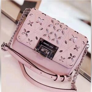Michael Kors “Tina” Blush Pink Leather Floral Cutout Crossbody w/Crystal Accents